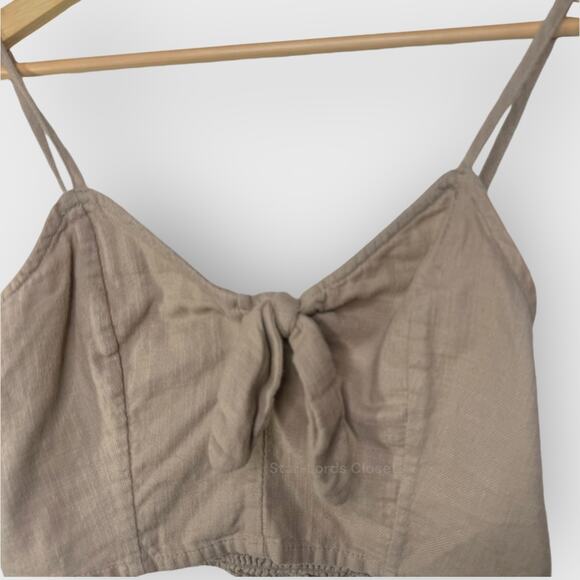 Aerie Bow Tie Crop Top I Small Tan Smocked  V Neck Summer Cami 100% Cotton Boho - Picture 3 of 6
